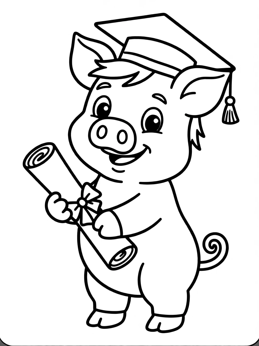 A pig wearing a tiny graduation cap, holding a diploma.