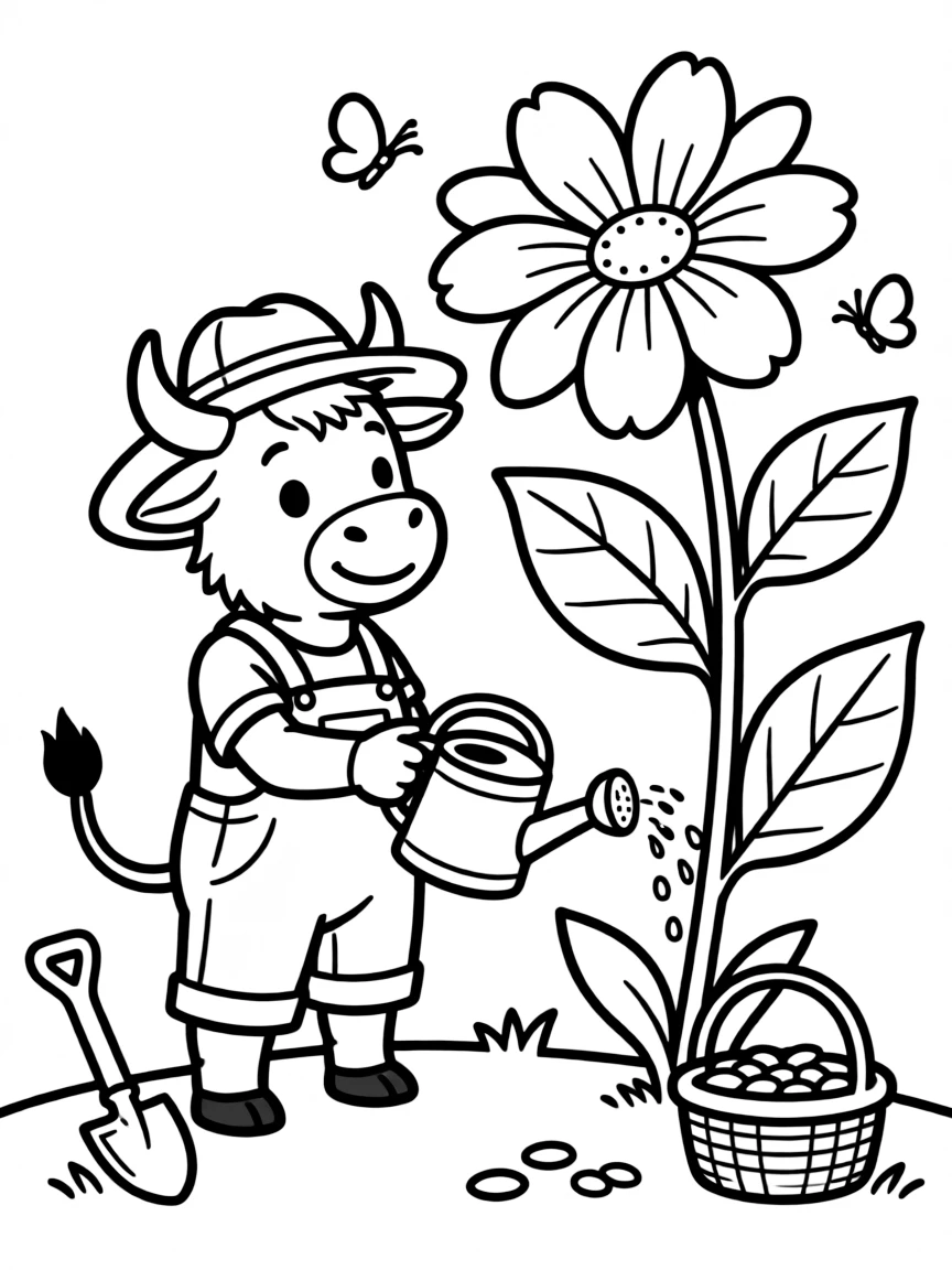 An ox dressed as a gardener, tending to giant flowers.