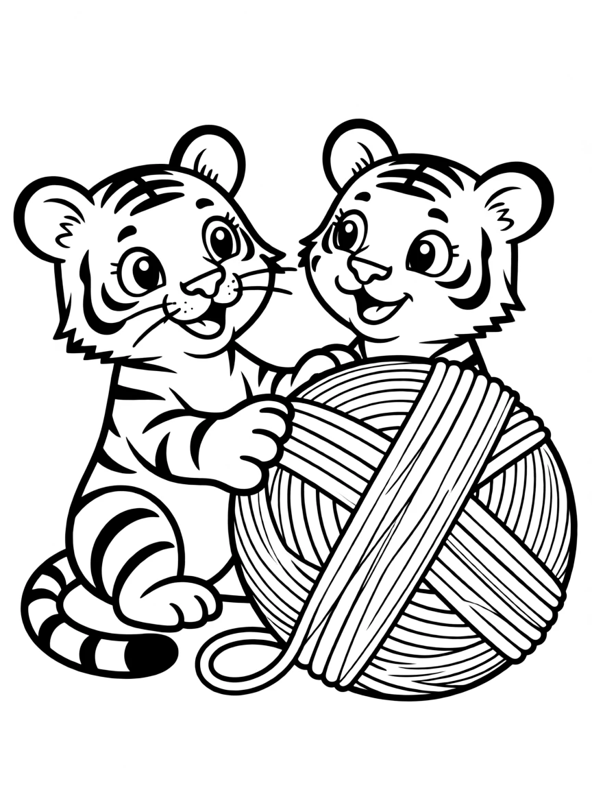A tiger cub playing with a giant ball of yarn.