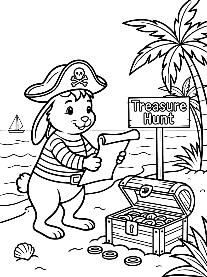 A rabbit dressed as a pirate, searching for treasure.