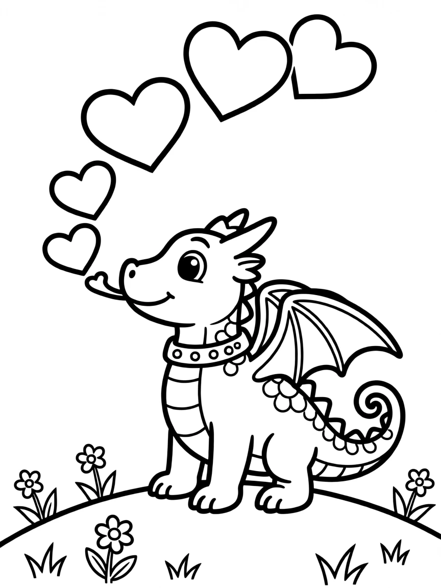 A dragon blowing heart-shaped smoke into the sky.