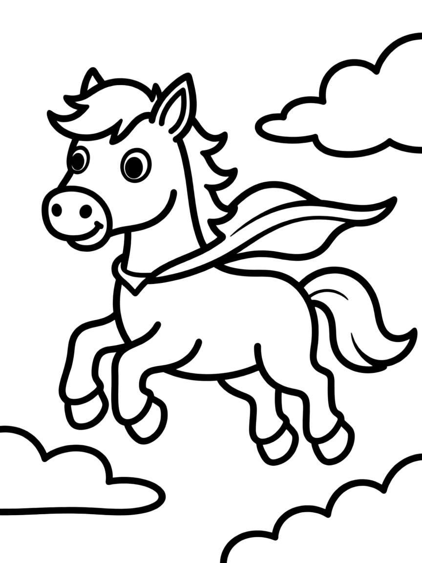 A horse wearing a tiny superhero cape, flying through the sky.