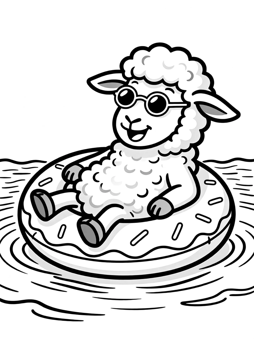 A sheep wearing tiny sunglasses, relaxing on a floatie.