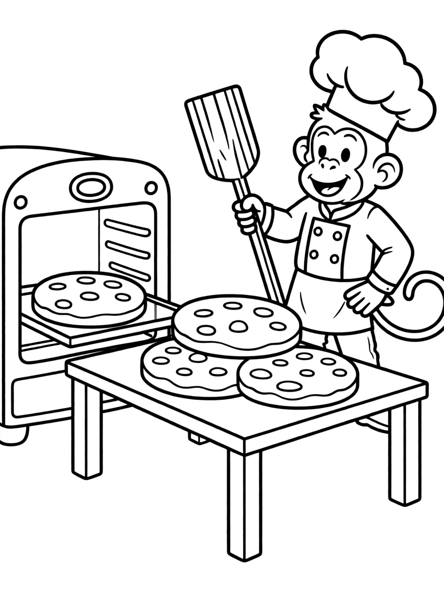 A monkey dressed as a chef, baking giant cookies.