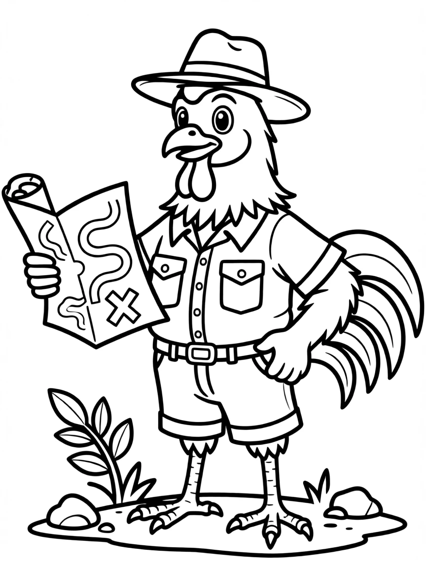A rooster dressed as an explorer, holding a map.