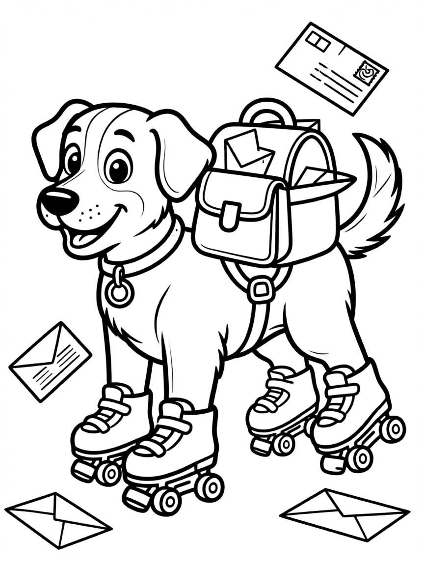 A dog wearing tiny roller skates, delivering mail.