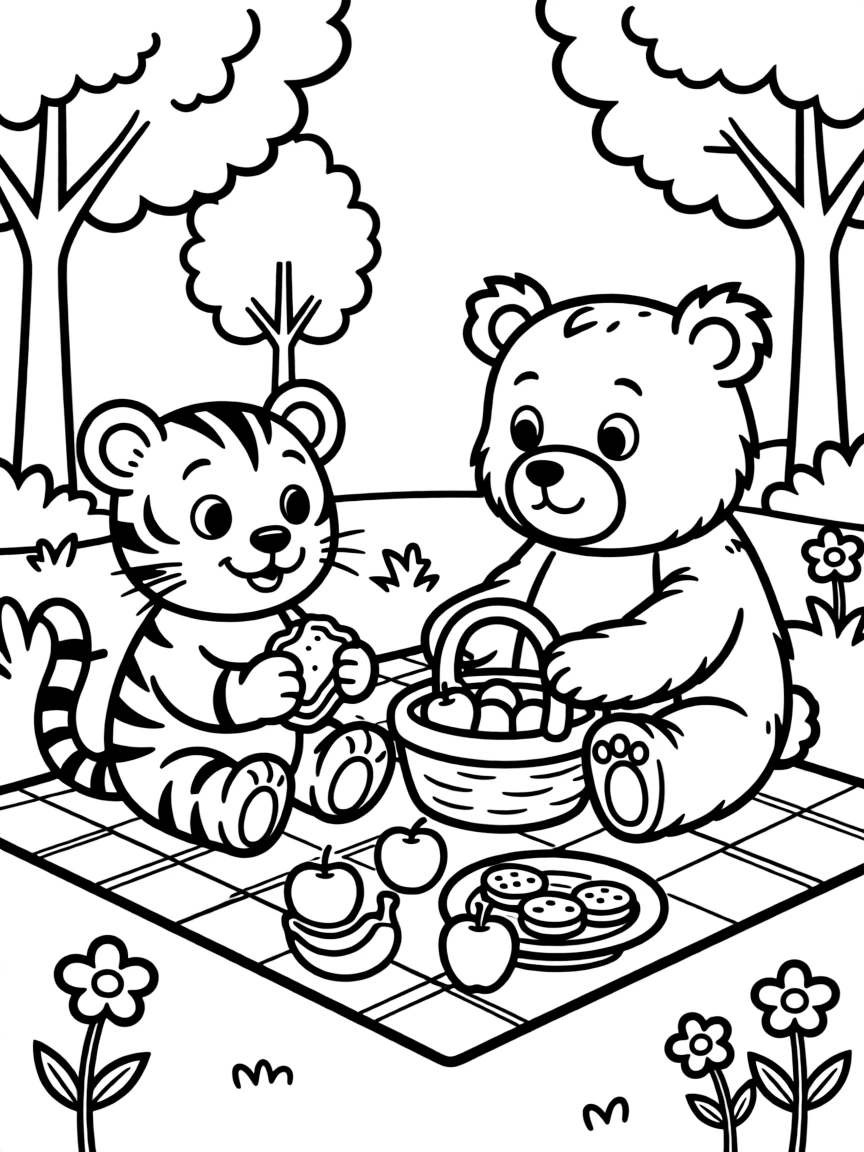 A tiger cub having a picnic with a friendly bear.