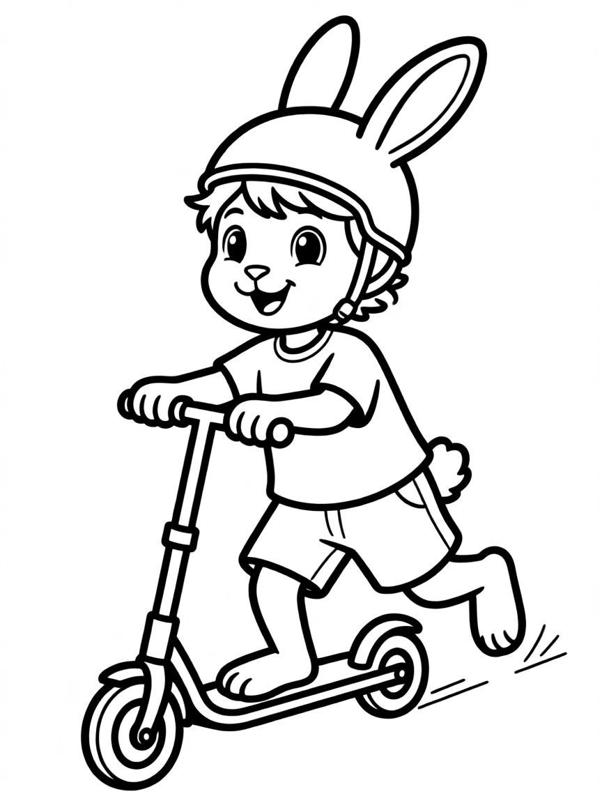 A rabbit riding a scooter, wearing a helmet.