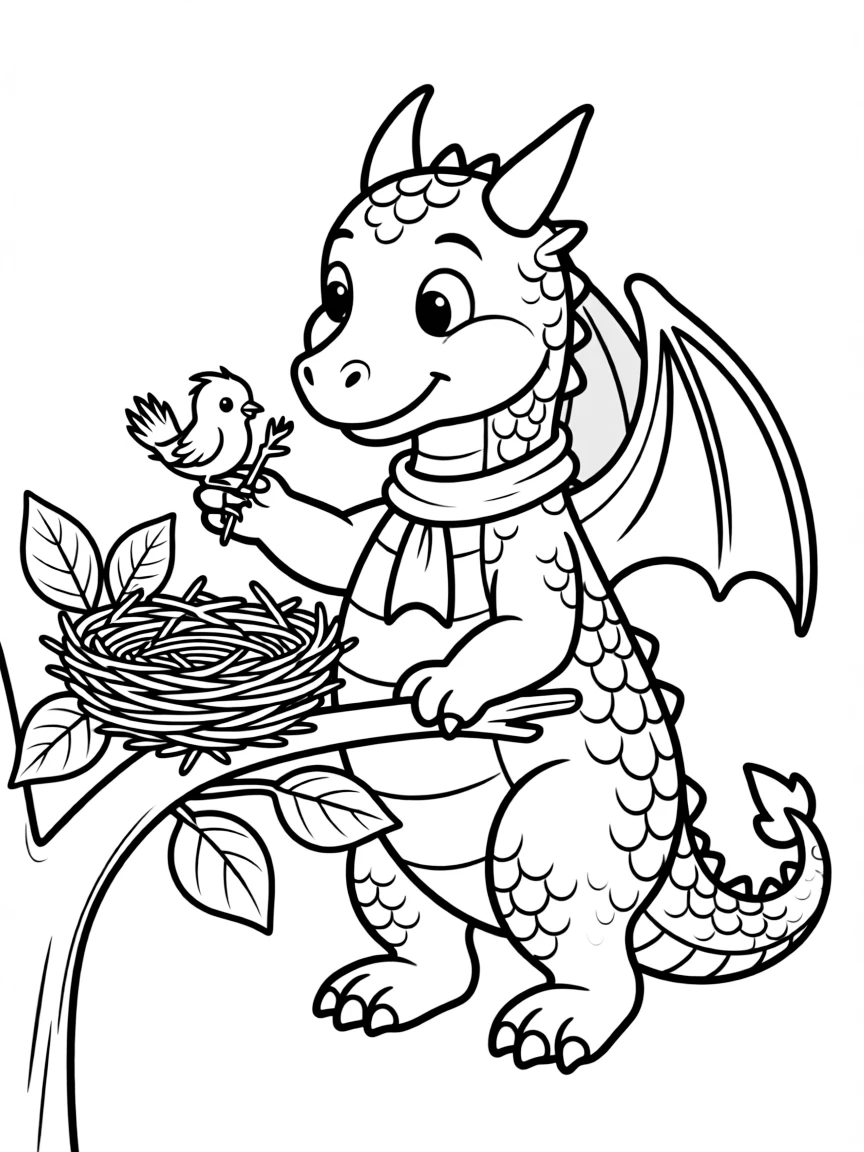 A dragon helping a tiny bird build a nest.