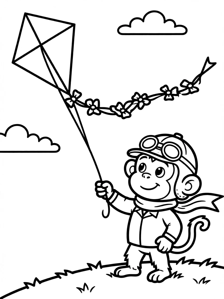 A monkey dressed as a pilot, flying a kite.