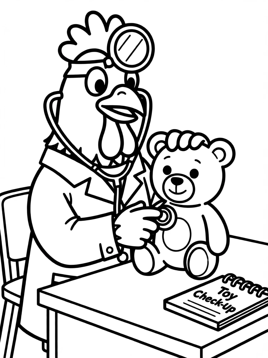 A rooster dressed as a doctor, checking a toy's heartbeat.