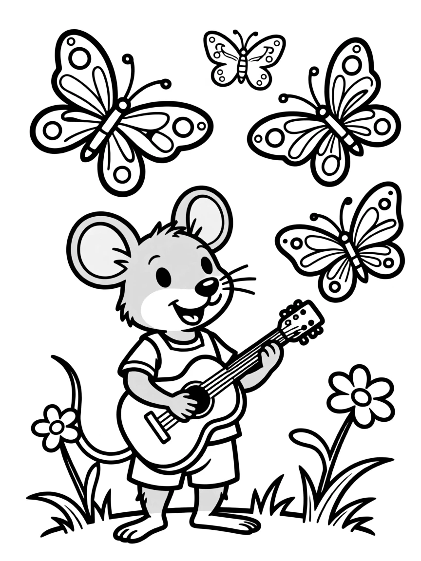 A rat playing a tiny guitar for a group of butterflies.