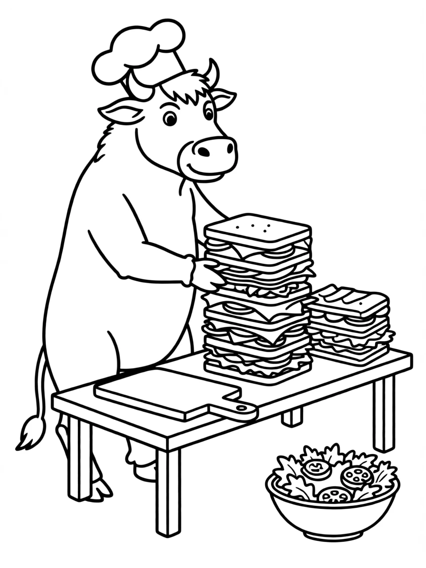 An ox wearing a tiny chef's hat, making giant sandwiches.