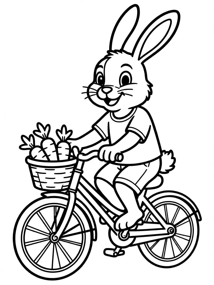 A rabbit riding a bicycle, carrying a basket of carrots.
