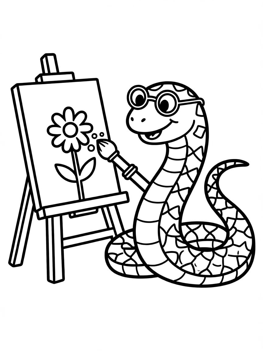 A snake wearing tiny spectacles, painting a picture.