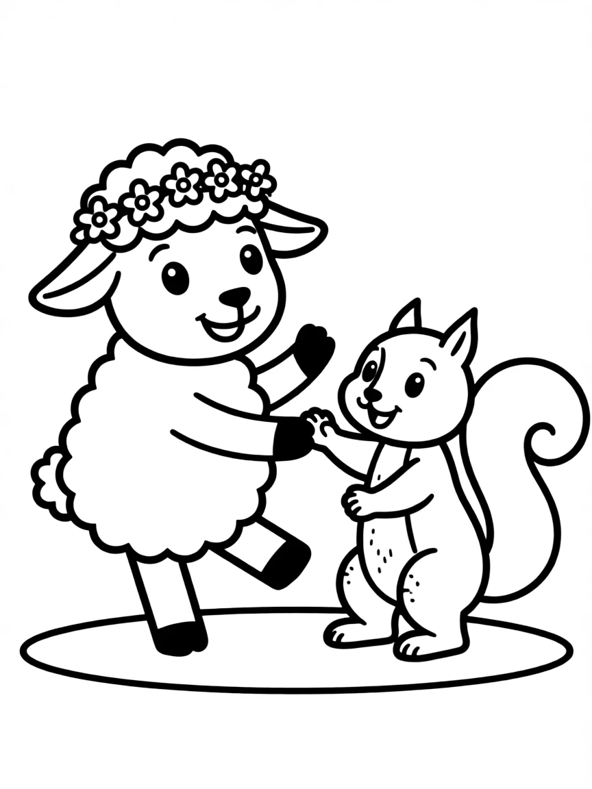 A sheep wearing a tiny flower crown, dancing with a squirrel.