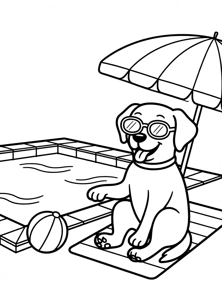 A dog wearing tiny sunglasses, relaxing by a pool.