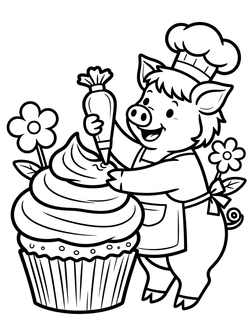 A pig wearing a tiny chef's hat, decorating a giant cupcake.
