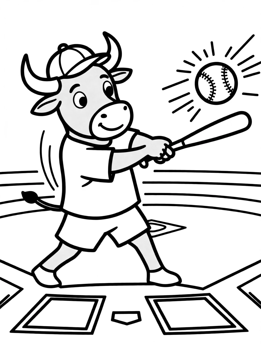 An ox wearing a tiny baseball cap, hitting a home run.