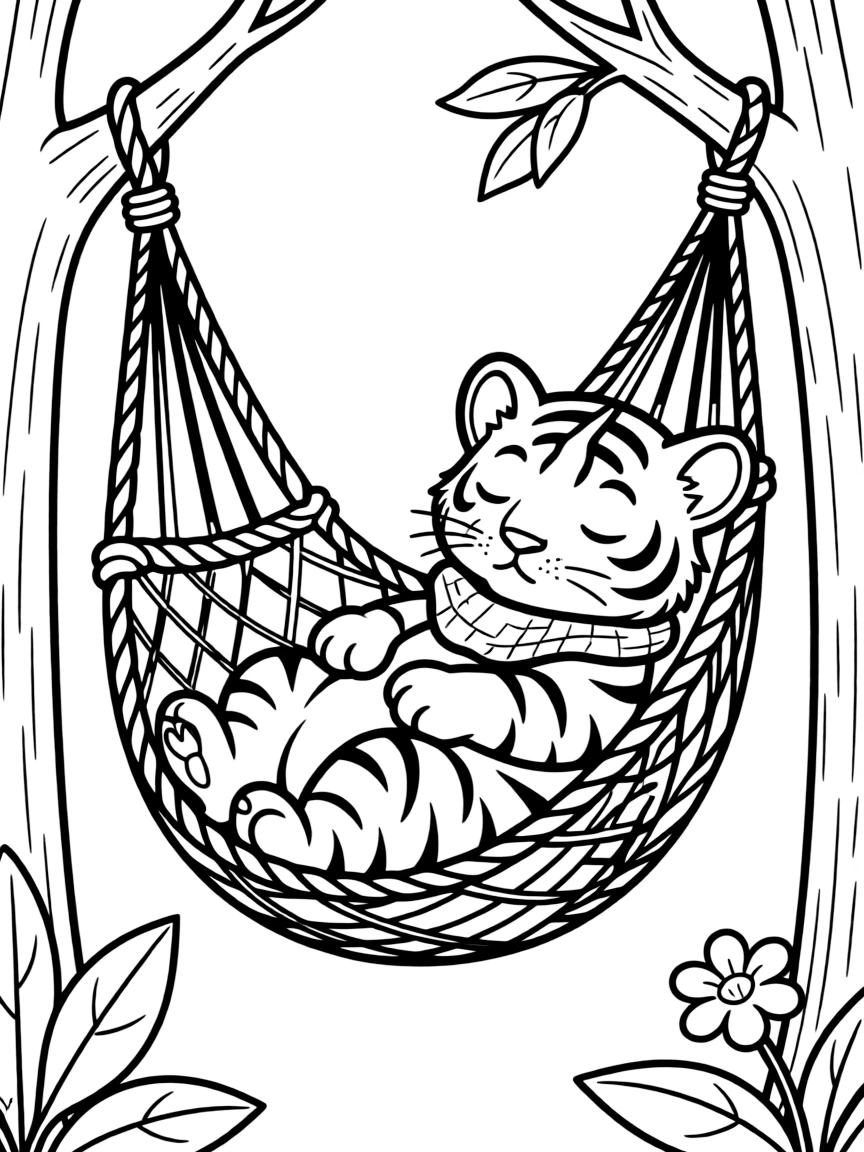 A tiger cub napping in a giant, cozy hammock.