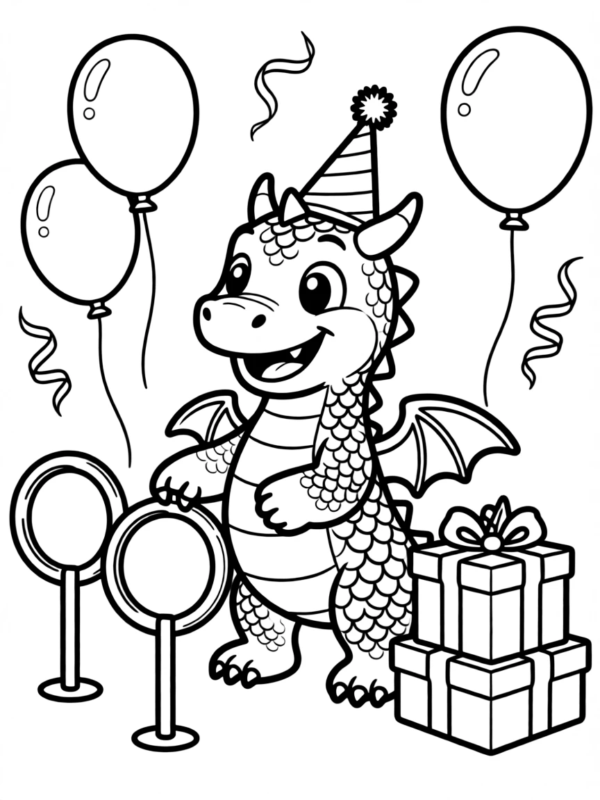 A dragon wearing a tiny party hat, playing party games.