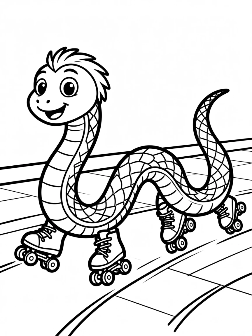 A snake wearing tiny roller skates, gliding across the floor.