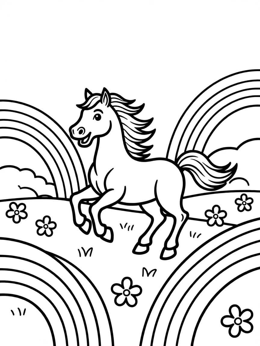 A horse with a flowing mane, prancing through a field of rainbows.