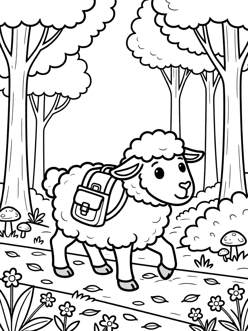 A sheep wearing a tiny backpack, exploring a forest.