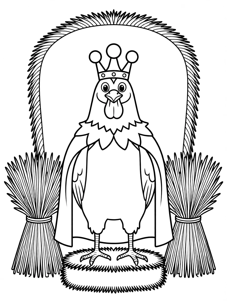A rooster dressed as a king, sitting on a throne of hay.