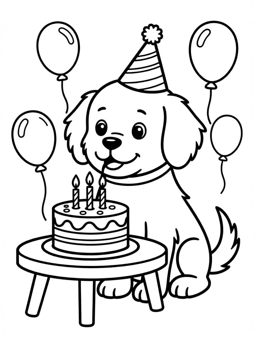 A dog wearing a tiny birthday hat, blowing out candles.