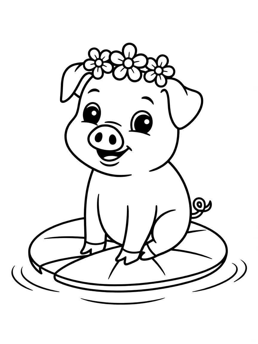 A pig wearing a tiny crown of flowers, floating on a lily pad.