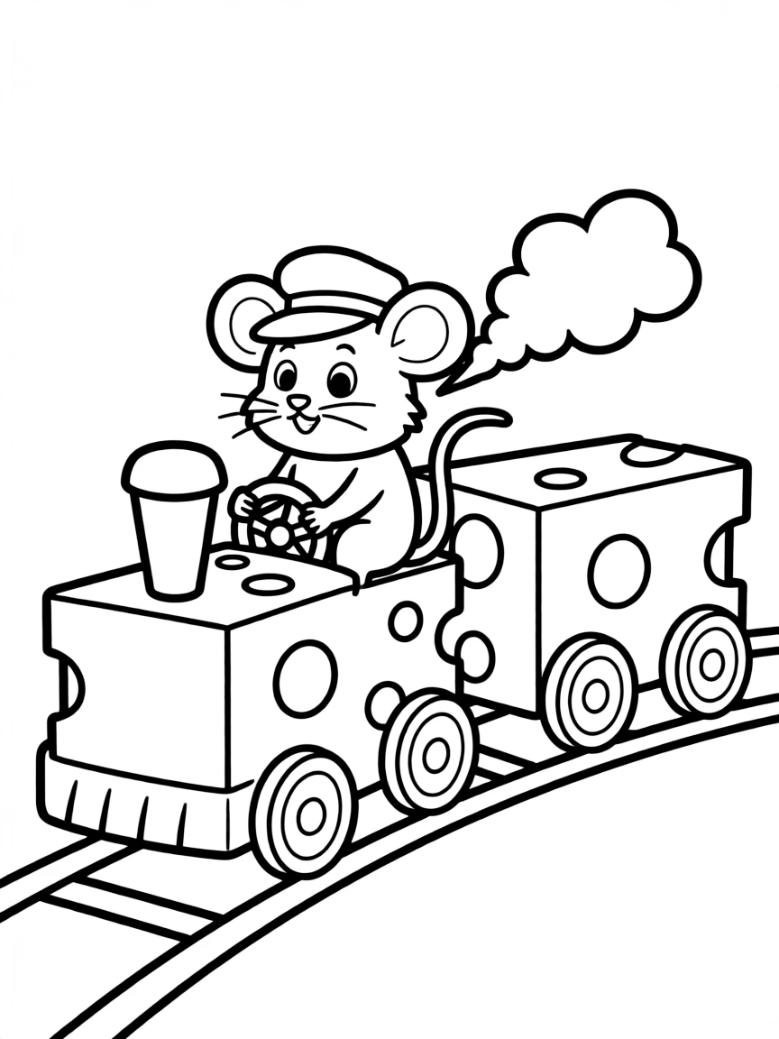 A rat driving a tiny train made of cheese.