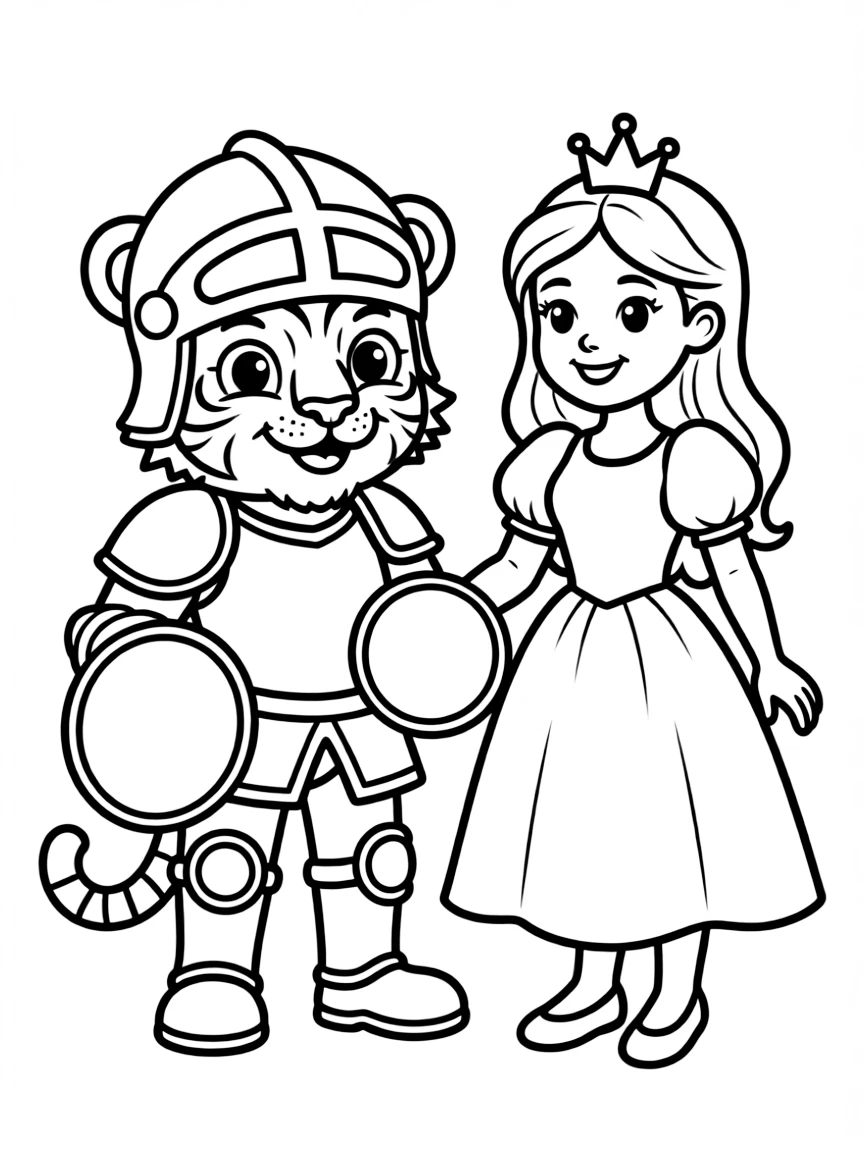 A tiger cub dressed as a knight, protecting a princess.