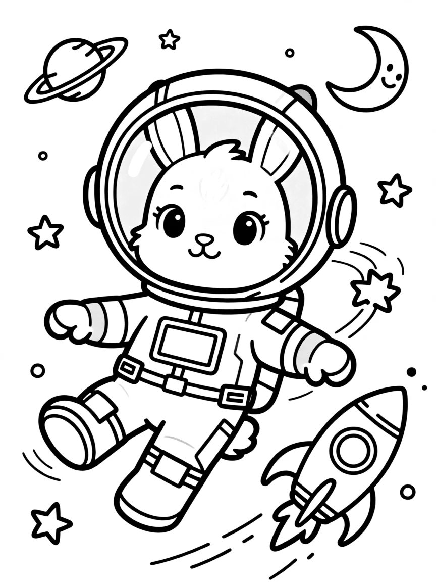 A rabbit dressed as an astronaut, floating in space.