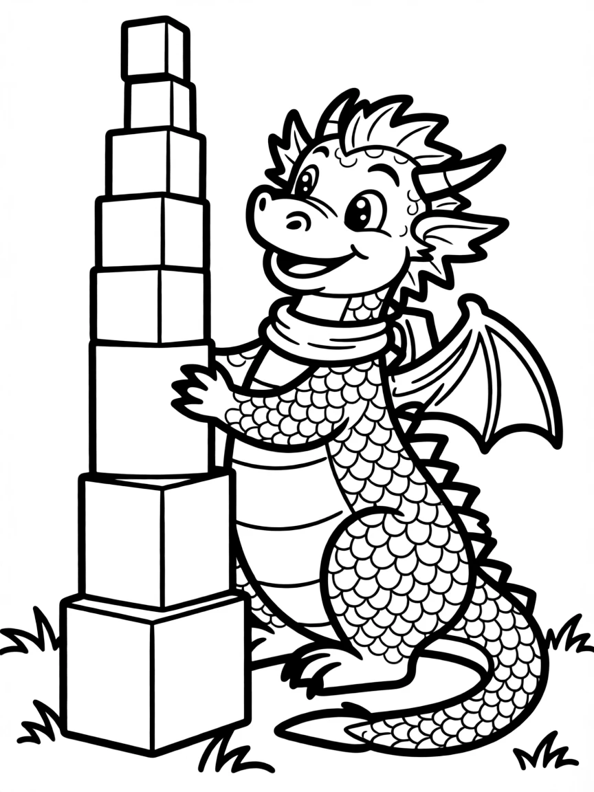 A dragon building a tower of colorful blocks.