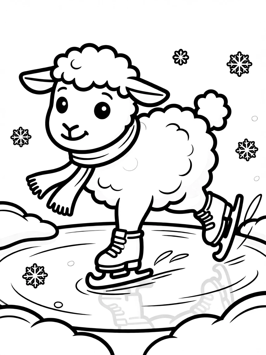A sheep wearing a tiny scarf, ice skating.