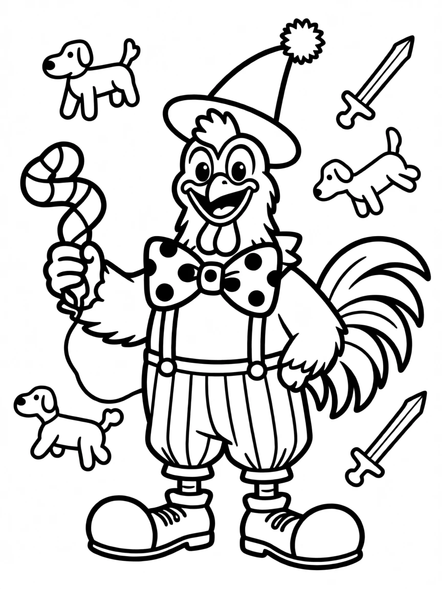 A rooster dressed as a clown, making balloon animals.