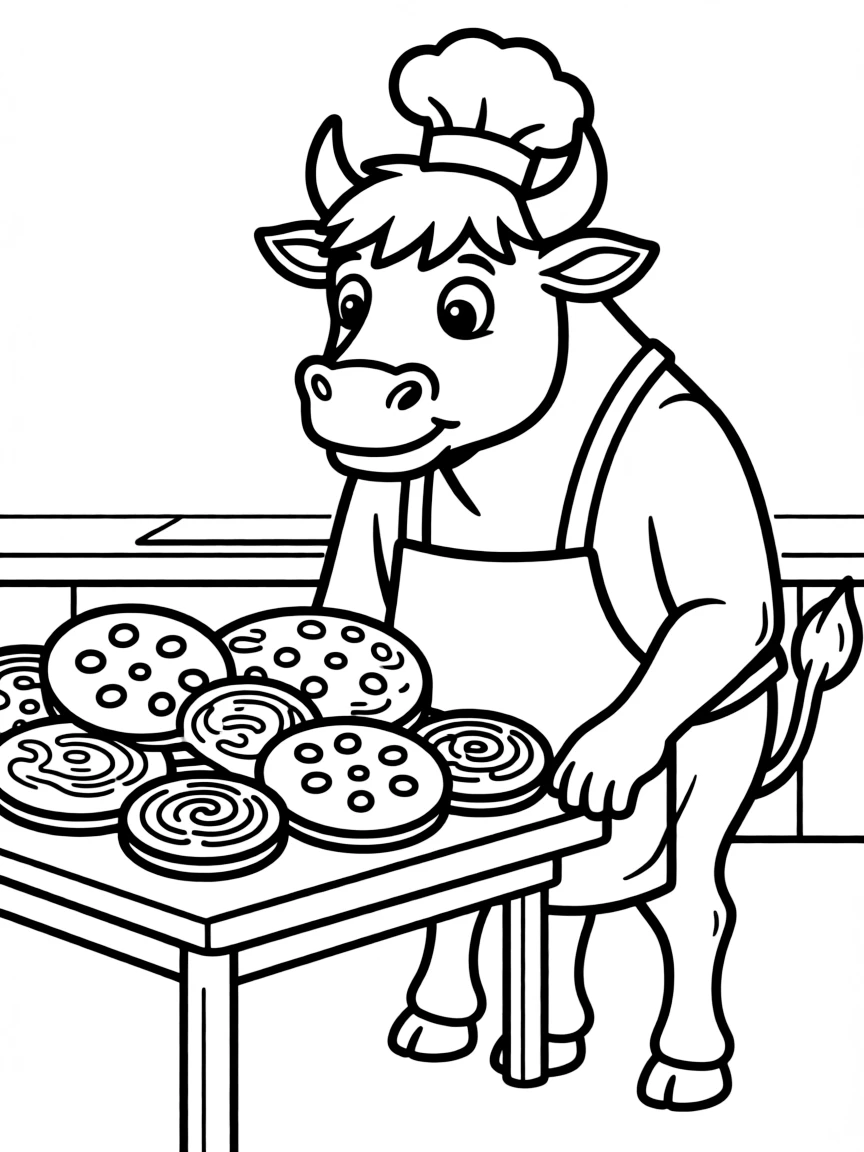 An ox wearing a tiny chef's hat, making giant cookies.