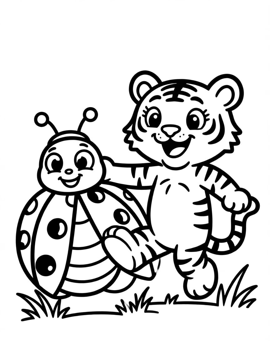 A tiger cub chasing a giant, friendly ladybug.