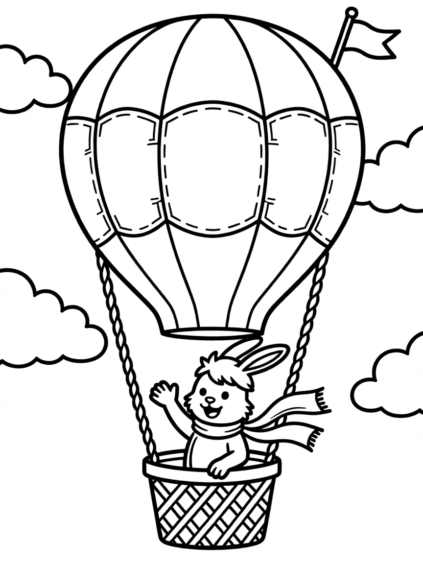 A rabbit riding a hot air balloon, waving from the basket.