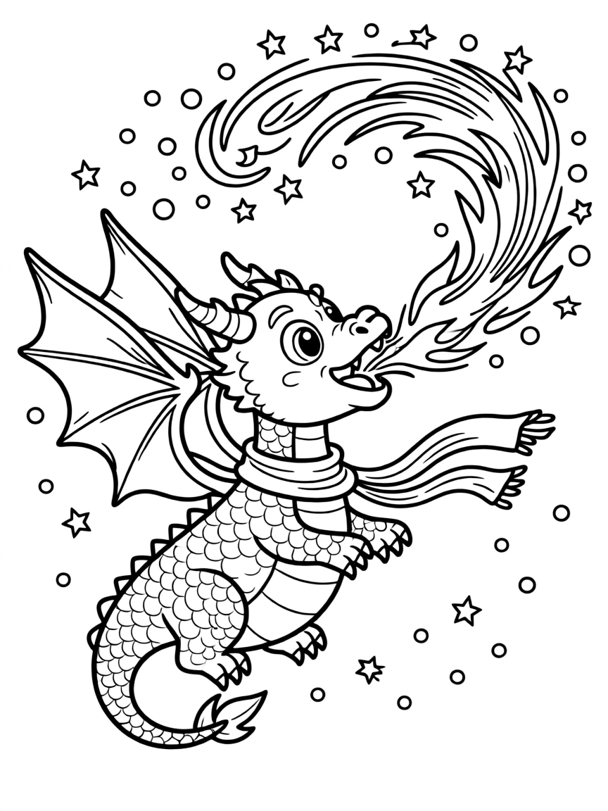 A dragon blowing fire that turns into confetti.