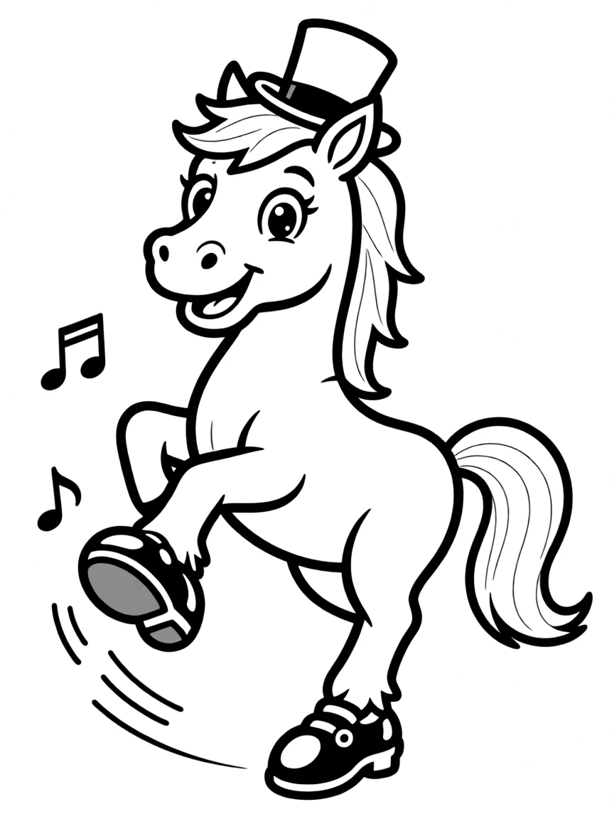 A horse wearing a tiny top hat, tap dancing.