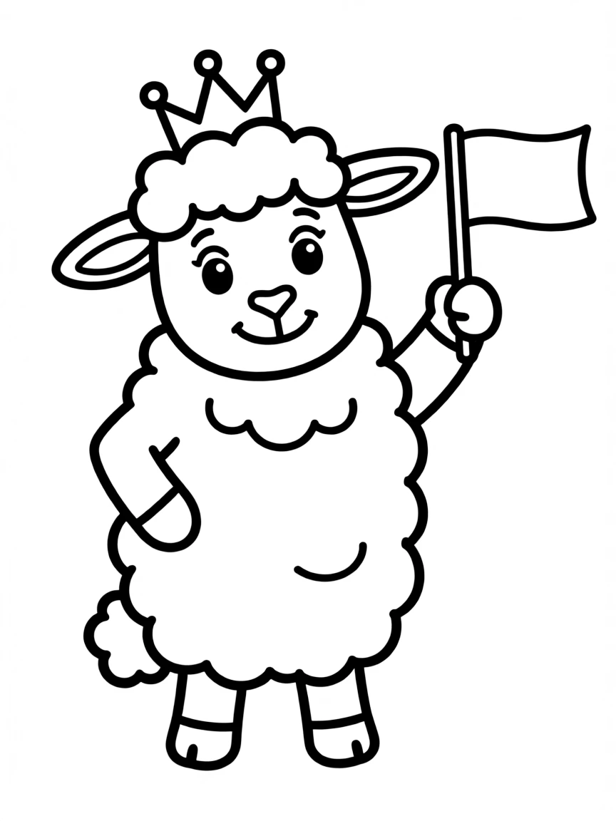 A sheep wearing a tiny crown, waving a tiny flag.