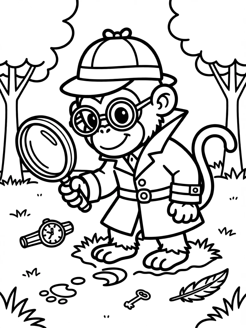 A monkey dressed as a detective, looking for clues.
