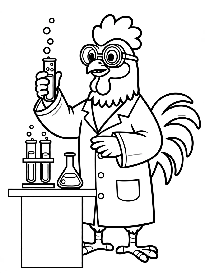A rooster dressed as a scientist, conducting an experiment.