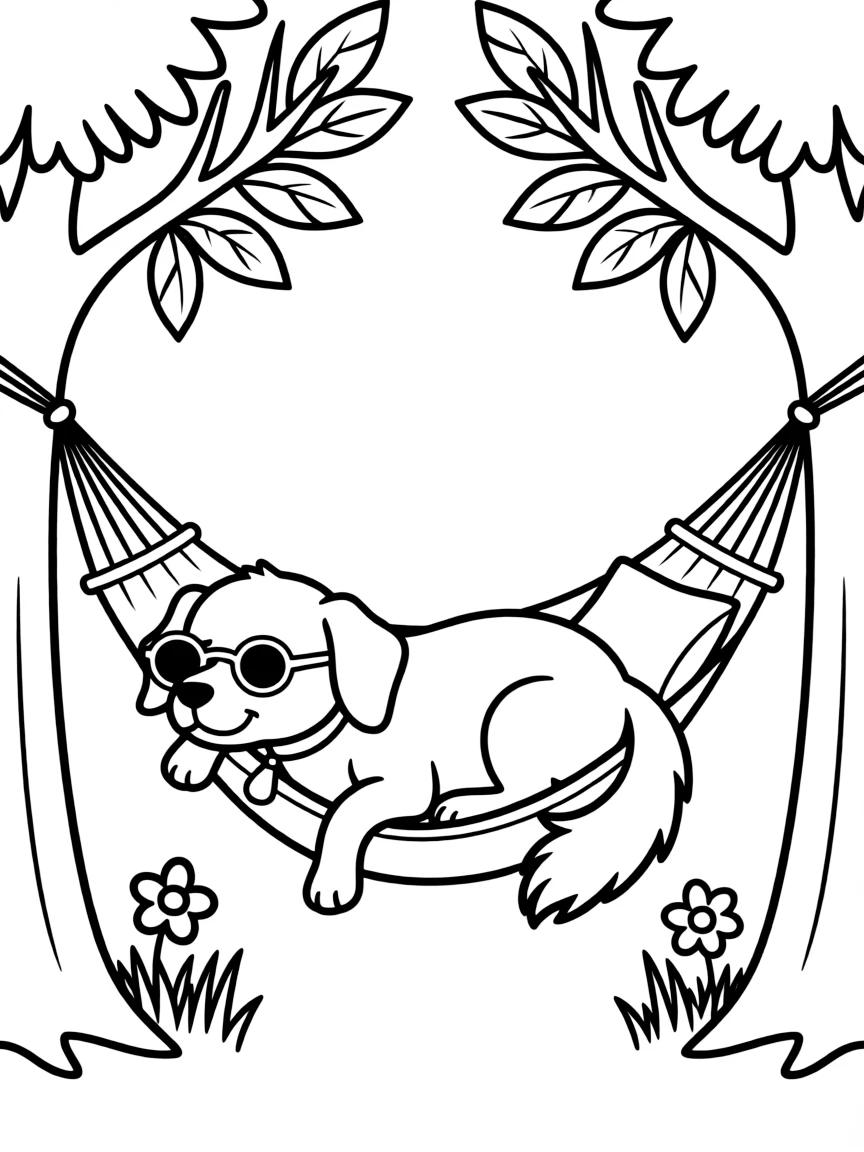 A dog wearing tiny sunglasses, napping in a hammock.