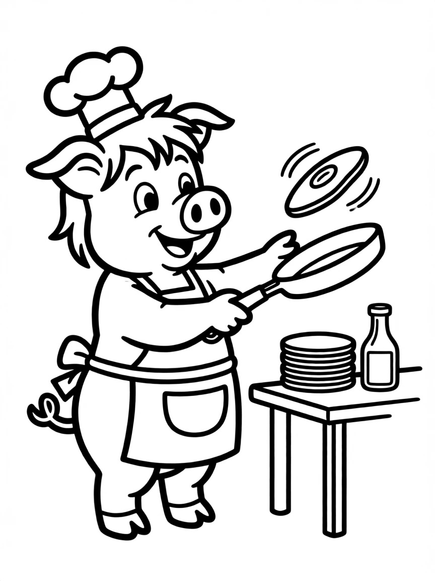 A pig wearing a tiny chef's hat, flipping pancakes.
