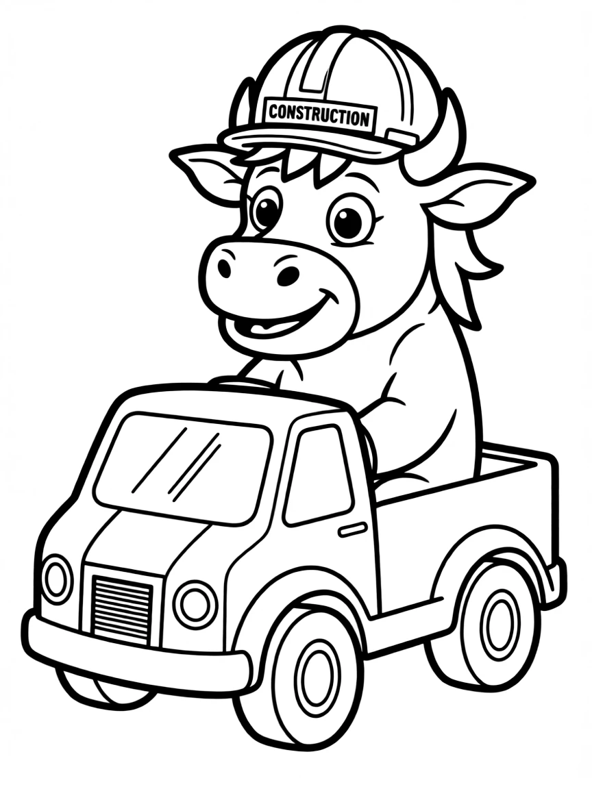 An ox wearing a tiny construction hat, driving a toy truck.
