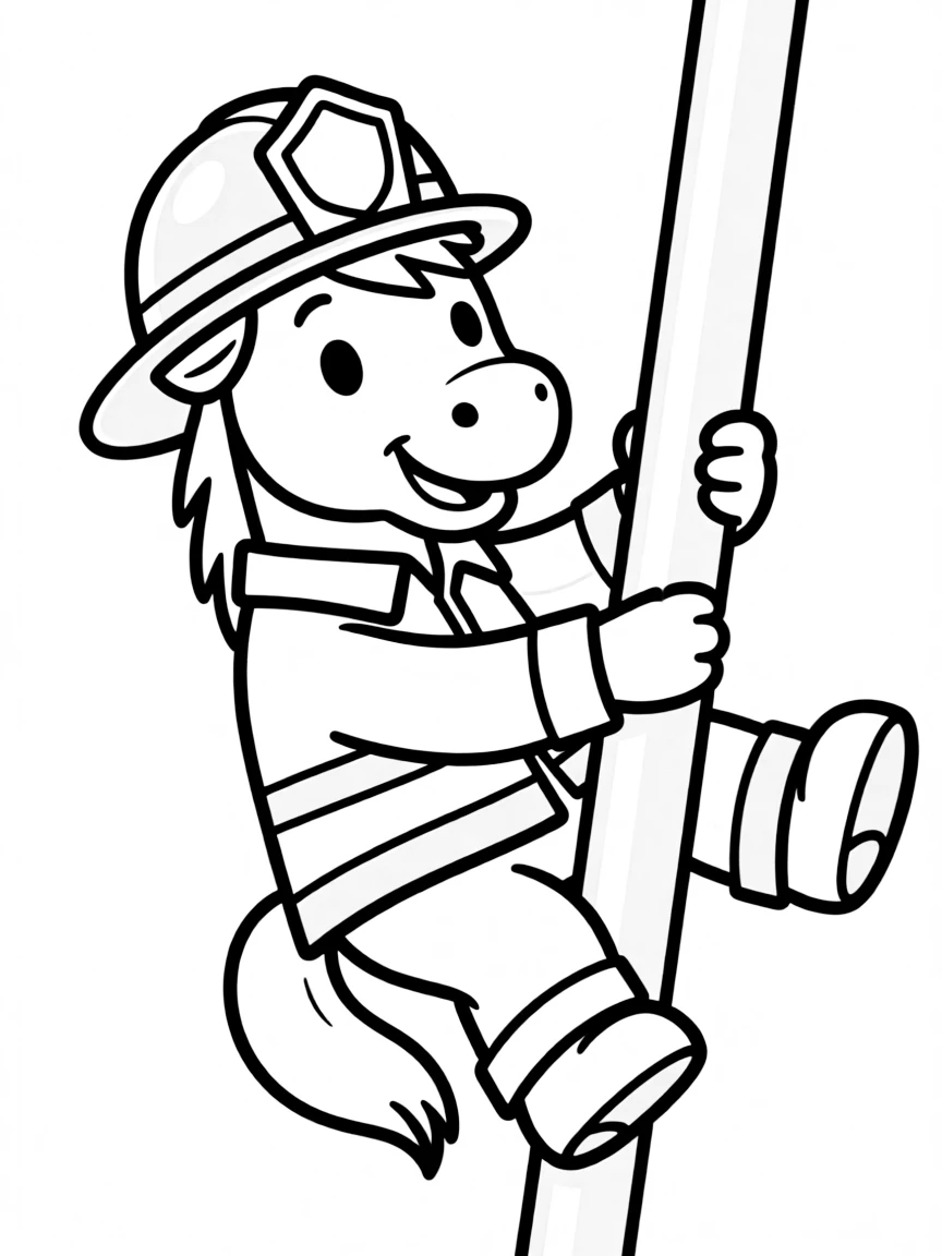 A horse dressed as a firefighter, sliding down a pole.
