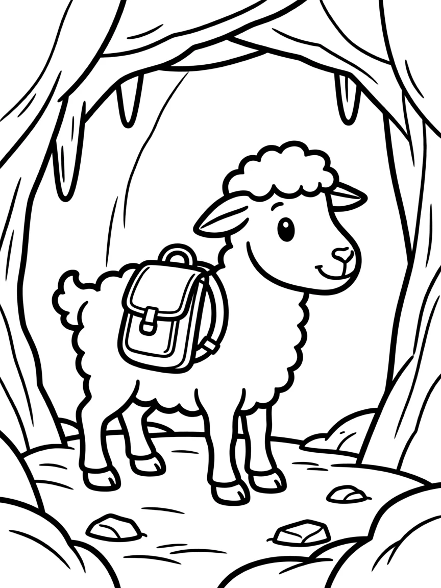 A sheep wearing a tiny backpack, exploring a cave.